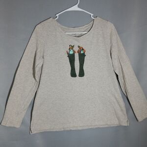 Talbots Womens Cream Long Sleeve Tee with Green Boots Motif Size MP